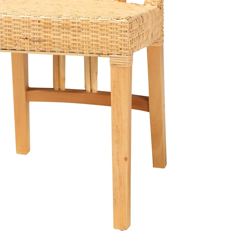 Chaise de salle à manger en rotin et acajou – Brun naturel / Brun chêne, style bohème, à l'unité