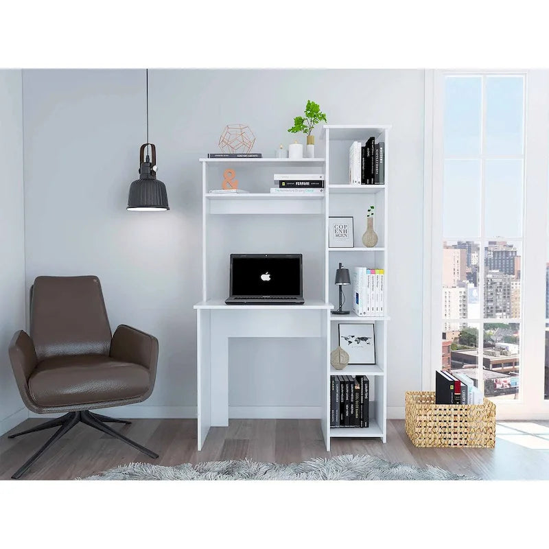 Bureau avec bibliothèque à 7 étagères – Blanc, style moderne, simple
