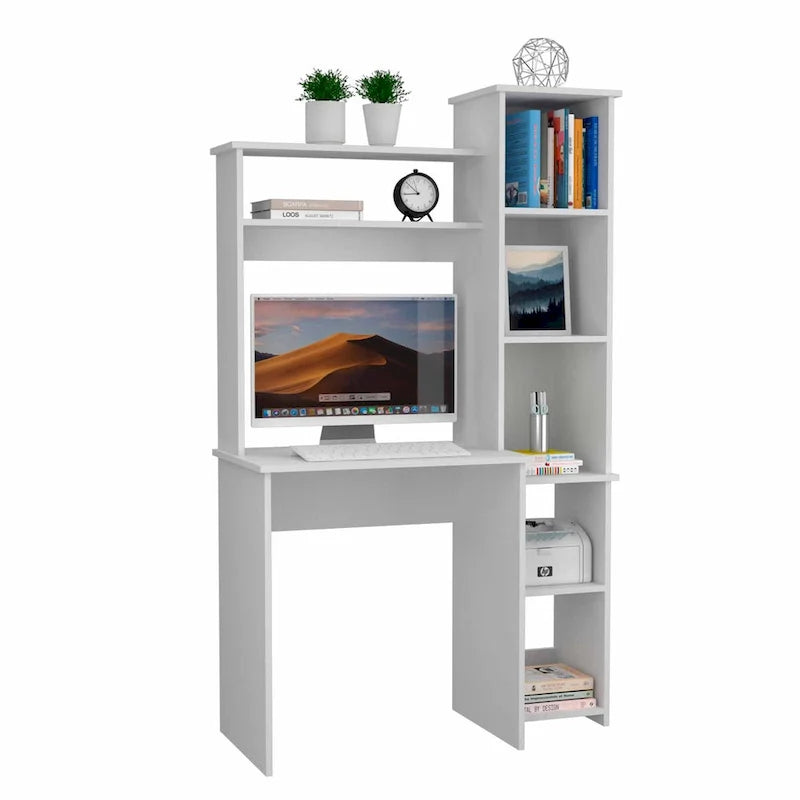 Bureau avec bibliothèque à 7 étagères – Blanc, style moderne, simple