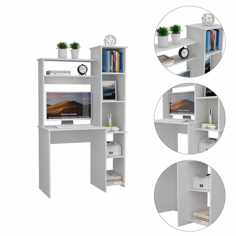 Bureau avec bibliothèque à 7 étagères – Blanc, style moderne, simple