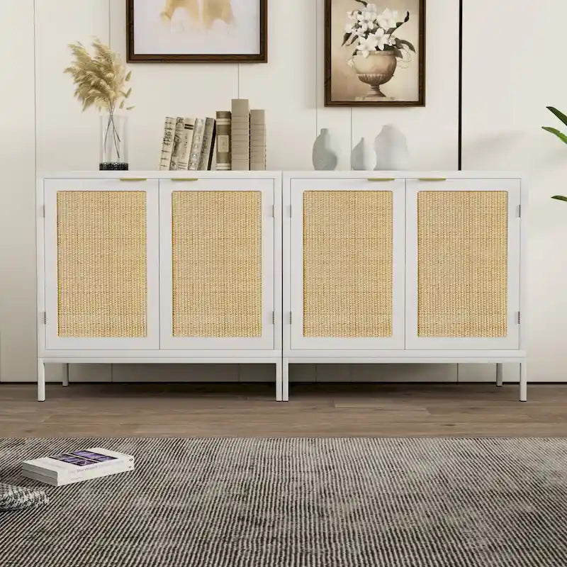 Buffet bahut en rotin – Blanc, style bohème, 2 portes