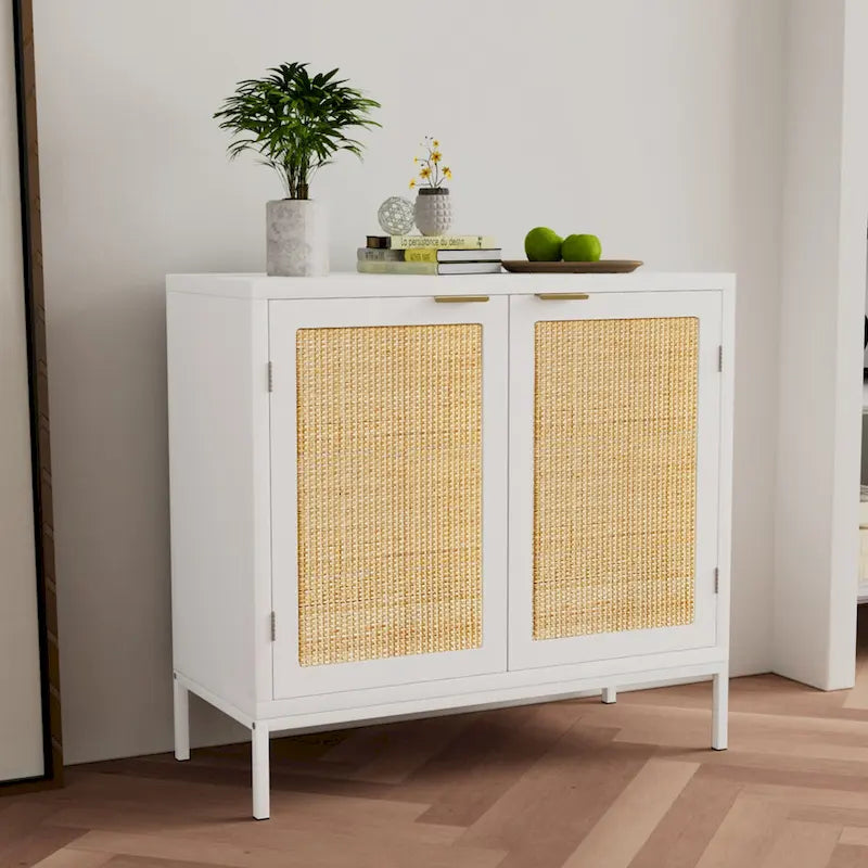 Buffet bahut en rotin – Blanc, style bohème, 2 portes
