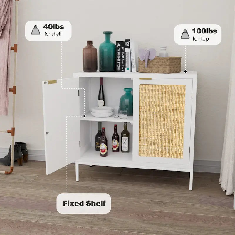 Buffet bahut en rotin – Blanc, style bohème, 2 portes