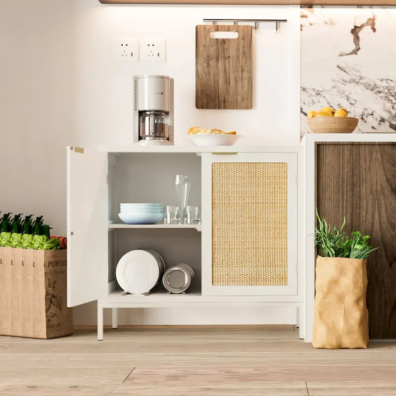 Buffet bahut en rotin – Blanc, style bohème, 2 portes