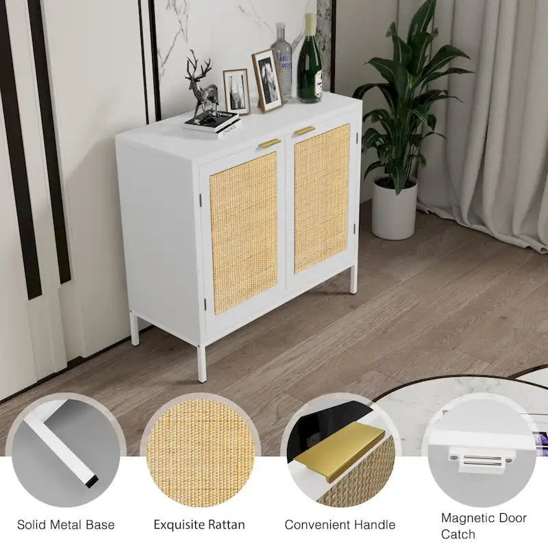 Buffet bahut en rotin – Blanc, style bohème, 2 portes
