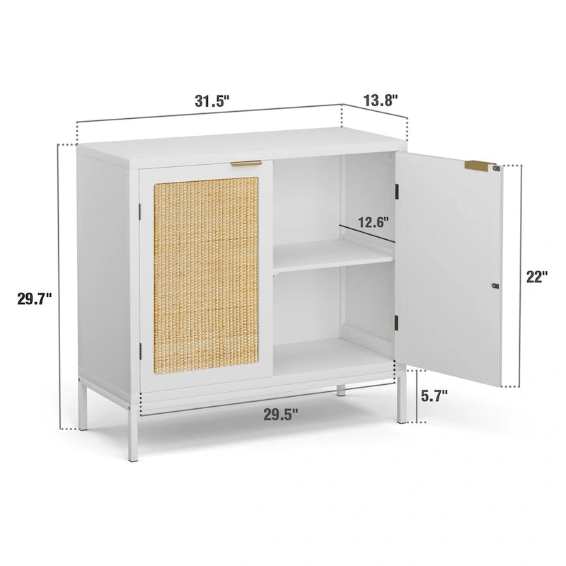 Buffet bahut en rotin – Blanc, style bohème, 2 portes
