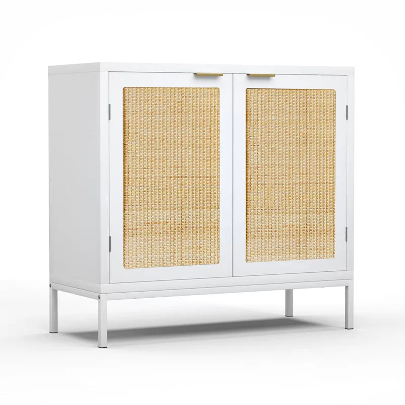 Buffet bahut en rotin – Blanc, style bohème, 2 portes