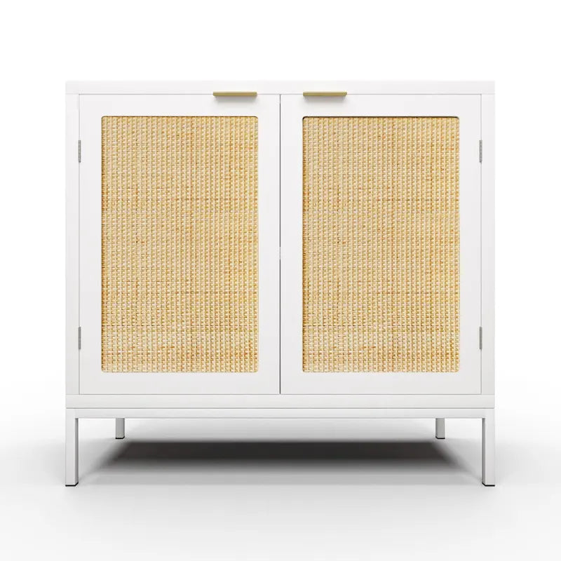 Buffet bahut en rotin – Blanc, style bohème, 2 portes