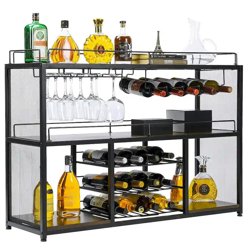 Meuble bar à vin autoportant – Noir, plateau en bois, portable, pour une personne