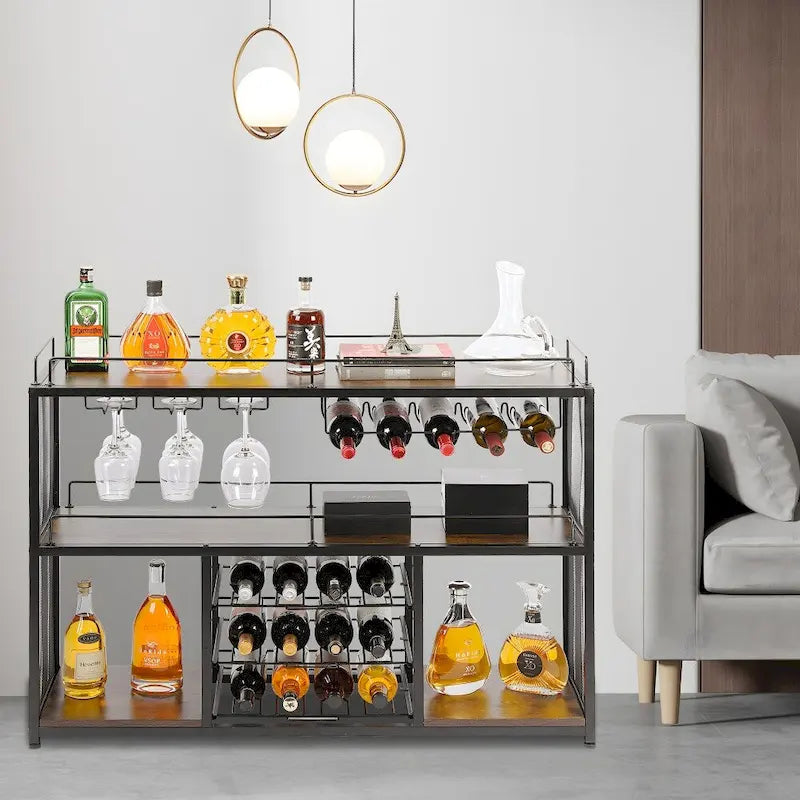 Meuble bar à vin autoportant – Noir, plateau en bois, portable, pour une personne