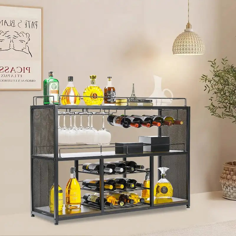 Meuble bar à vin autoportant – Noir, plateau en bois, portable, pour une personne
