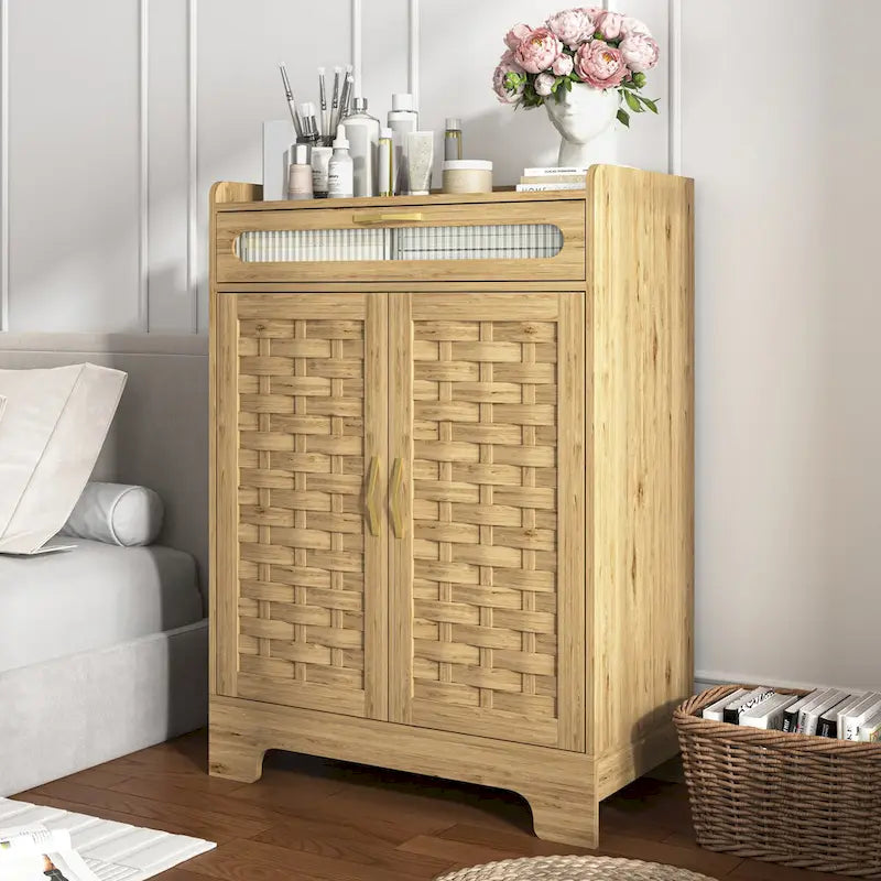 Meuble bar à café avec tiroir et étagère réglable – Style ferme, grain de bois, simple