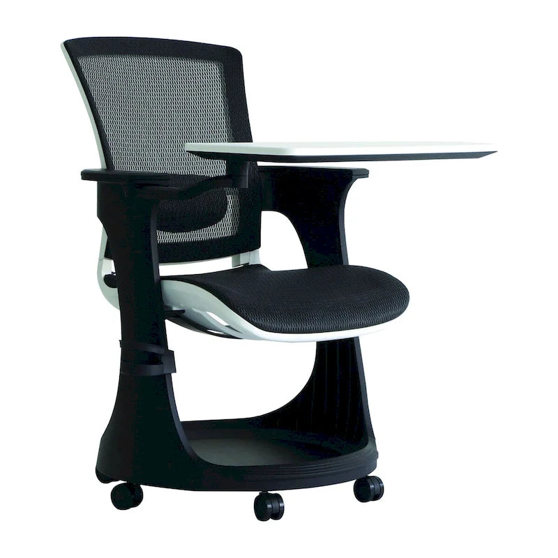 Chaise roulante avec bureau pivotant et rangement – Noir / Noir et Blanc, Maille, Individuel