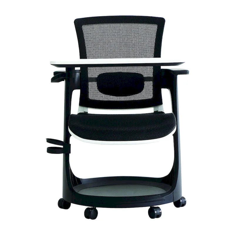 Chaise roulante avec bureau pivotant et rangement – Noir / Noir et Blanc, Maille, Individuel