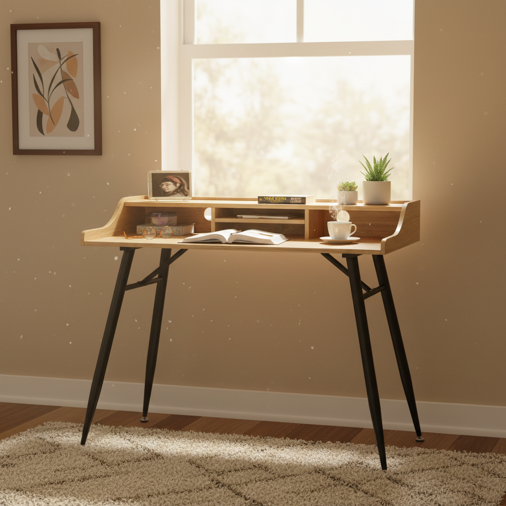 Bureau avec huche de rangement – Frêne / Ciment, Style moderne, Simple
