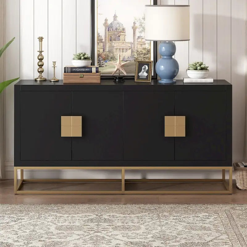 Buffet 4 portes avec étagères réglables – Noir / Bleu / Blanc, Style moderne, Unique