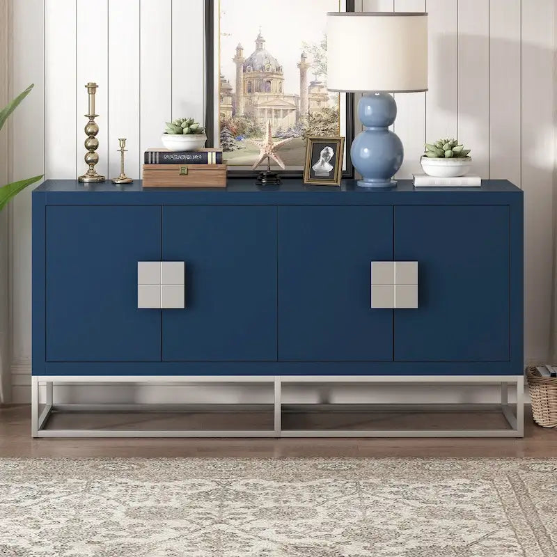 Buffet 4 portes avec étagères réglables – Noir / Bleu / Blanc, Style moderne, Unique