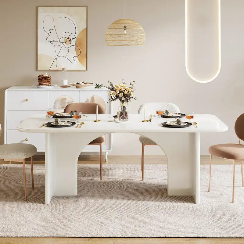 Table à manger rectangulaire avec pieds arqués – Blanc crème, style moderne, 4–6 places