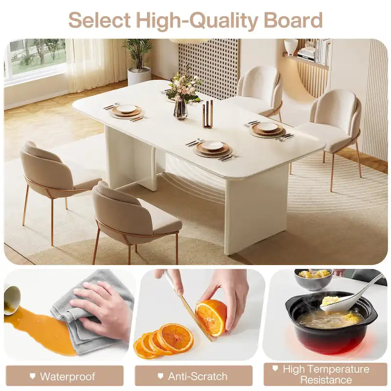 Table à manger rectangulaire avec pieds arqués – Blanc crème, style moderne, 4–6 places