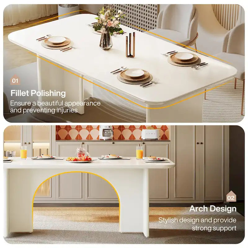 Table à manger rectangulaire avec pieds arqués – Blanc crème, style moderne, 4–6 places
