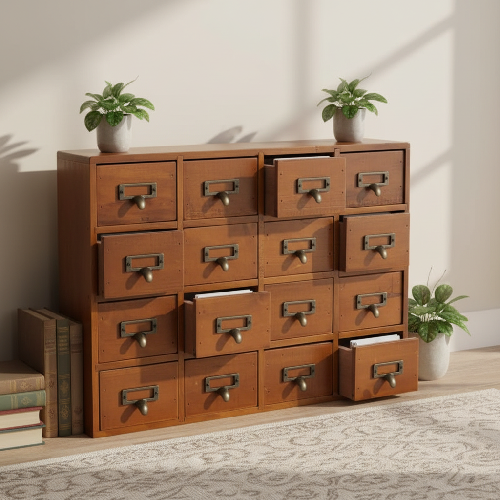 Meuble de rangement 16 tiroirs en bois massif – Noir / Marron / Bleu, style vintage, pièce unique