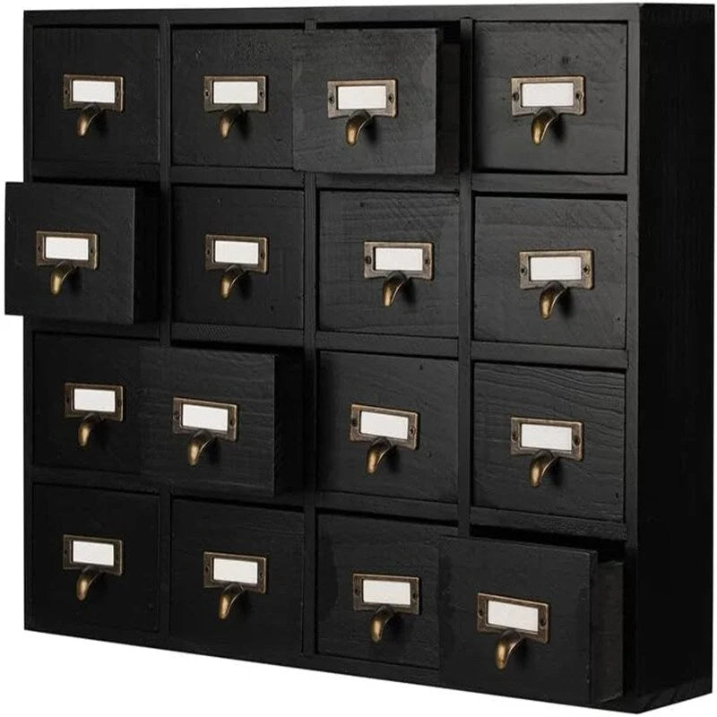 Meuble de rangement 16 tiroirs en bois massif – Noir / Marron / Bleu, style vintage, pièce unique