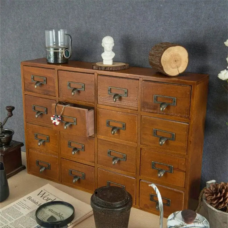 Meuble de rangement 16 tiroirs en bois massif – Noir / Marron / Bleu, style vintage, pièce unique