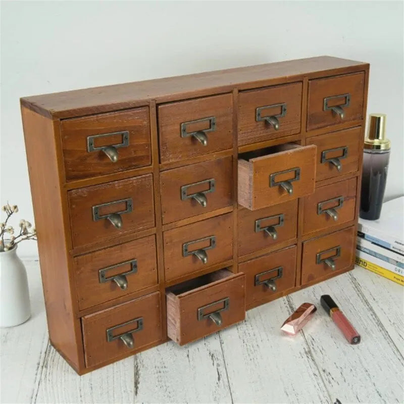 Meuble de rangement 16 tiroirs en bois massif – Noir / Marron / Bleu, style vintage, pièce unique