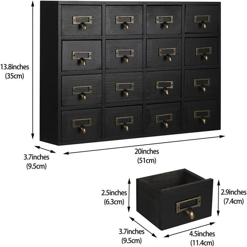 Meuble de rangement 16 tiroirs en bois massif – Noir / Marron / Bleu, style vintage, pièce unique