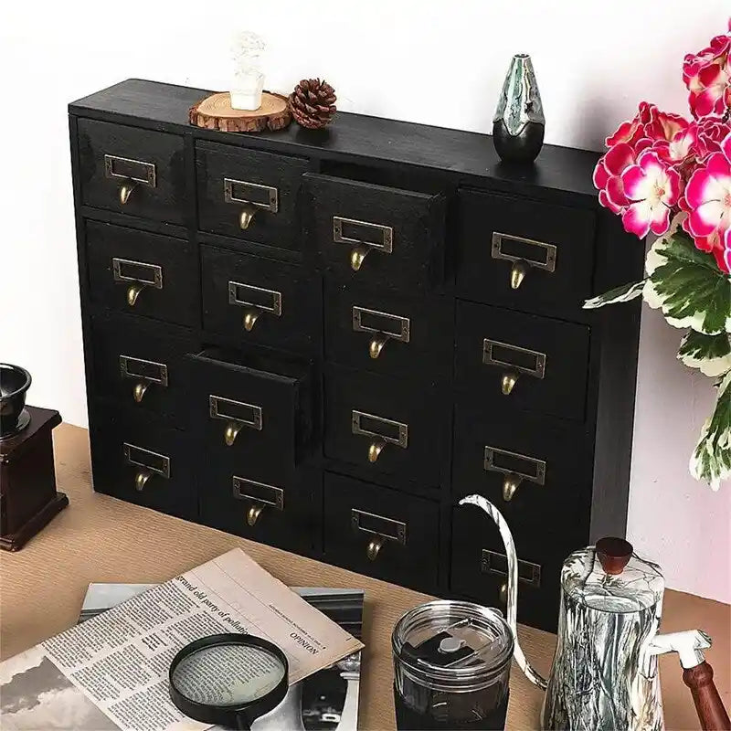 Meuble de rangement 16 tiroirs en bois massif – Noir / Marron / Bleu, style vintage, pièce unique