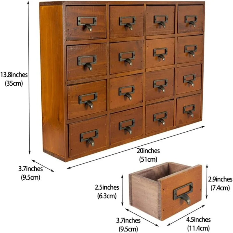 Meuble de rangement 16 tiroirs en bois massif – Noir / Marron / Bleu, style vintage, pièce unique