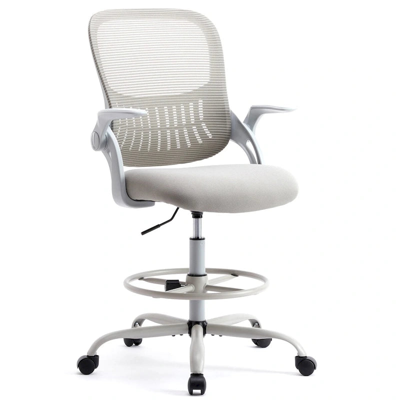 Chaise de dessinateur haute avec accoudoirs relevables – Gris/Noir, Ergonomique, Simple