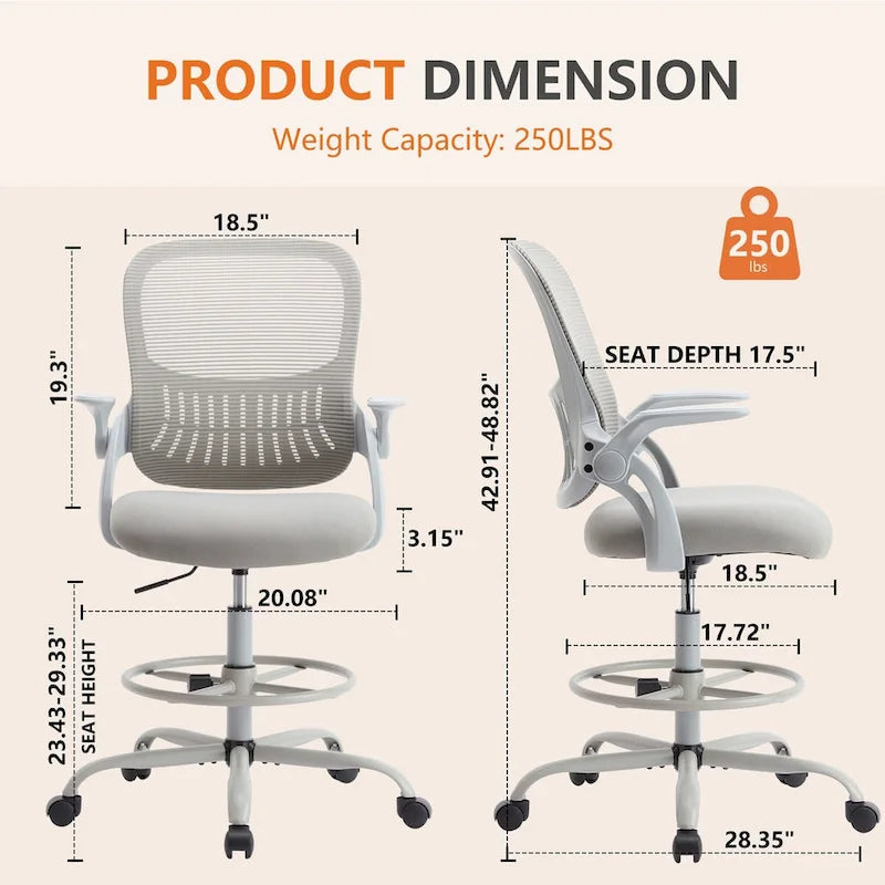 Chaise de dessinateur haute avec accoudoirs relevables – Gris/Noir, Ergonomique, Simple