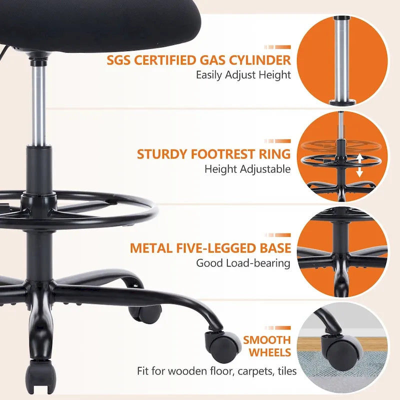 Chaise de dessinateur haute avec accoudoirs relevables – Gris/Noir, Ergonomique, Simple