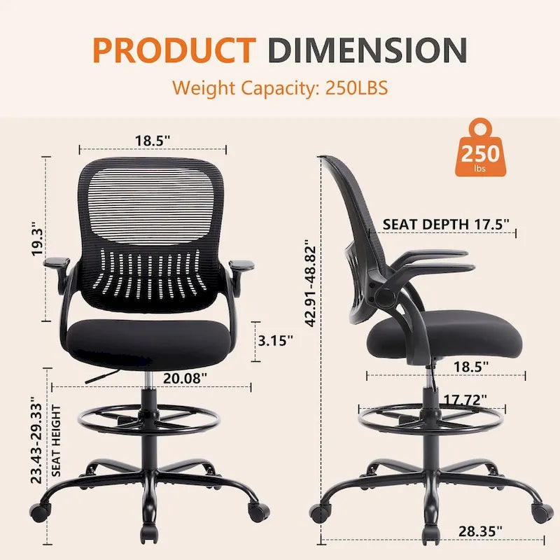Chaise de dessinateur haute avec accoudoirs relevables – Gris/Noir, Ergonomique, Simple