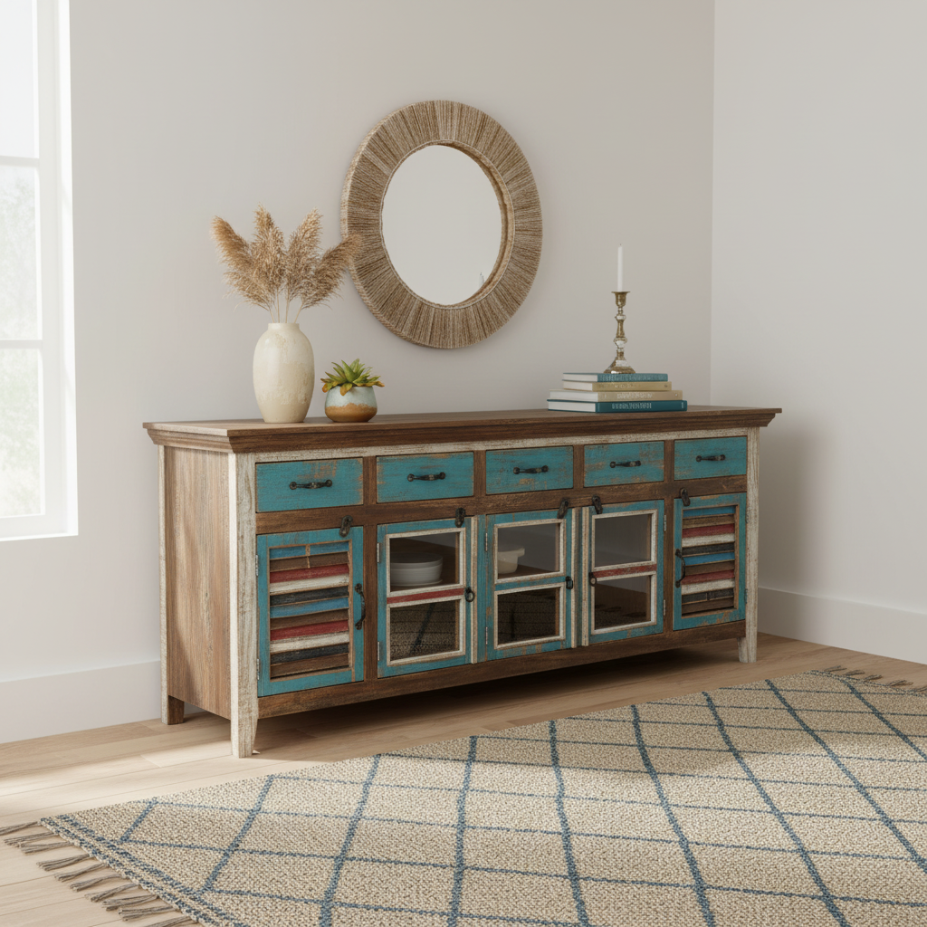 Buffet en bois massif à volets – Multicolore, style rustique, simple