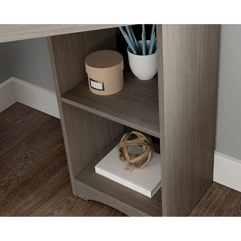 Bureau d'angle avec étagères ouvertes – Acajou épicé, peu encombrant, simple