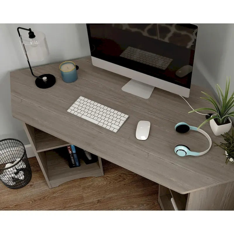 Bureau d'angle avec étagères ouvertes – Acajou épicé, peu encombrant, simple