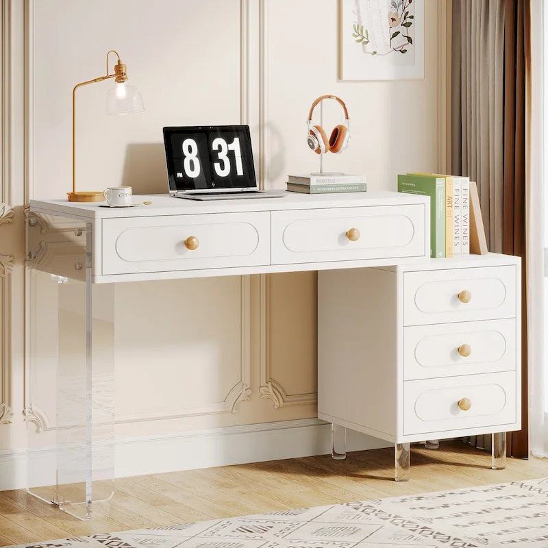 Bureau d'ordinateur à 5 tiroirs avec pieds en acrylique – Blanc, style moderne, simple