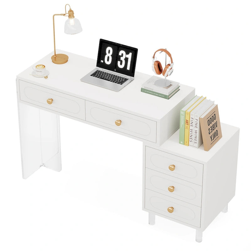 Bureau d'ordinateur à 5 tiroirs avec pieds en acrylique – Blanc, style moderne, simple
