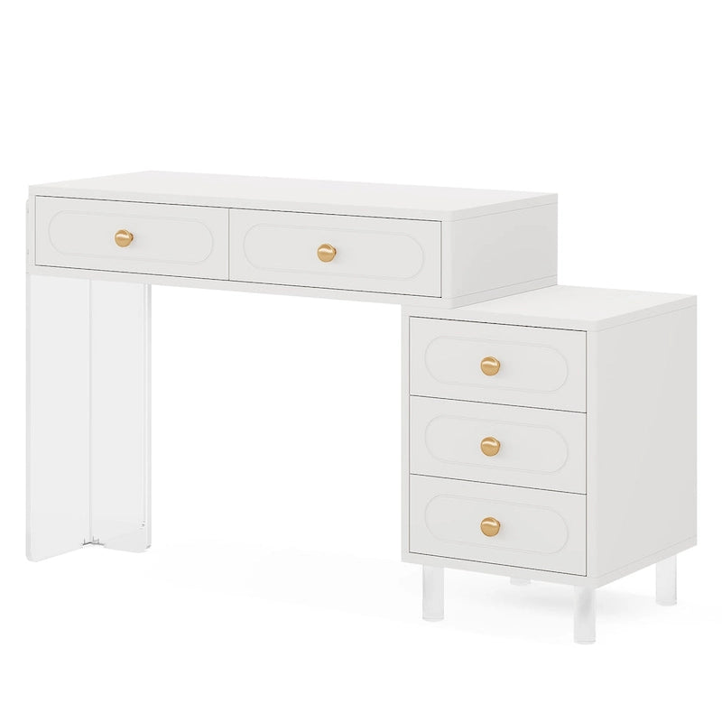 Bureau d'ordinateur à 5 tiroirs avec pieds en acrylique – Blanc, style moderne, simple