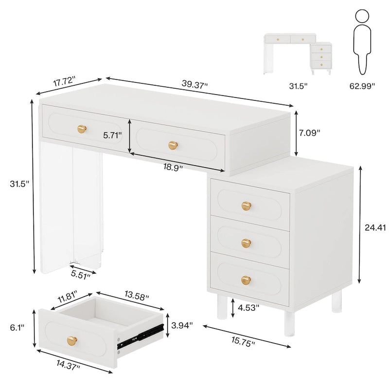 Bureau d'ordinateur à 5 tiroirs avec pieds en acrylique – Blanc, style moderne, simple