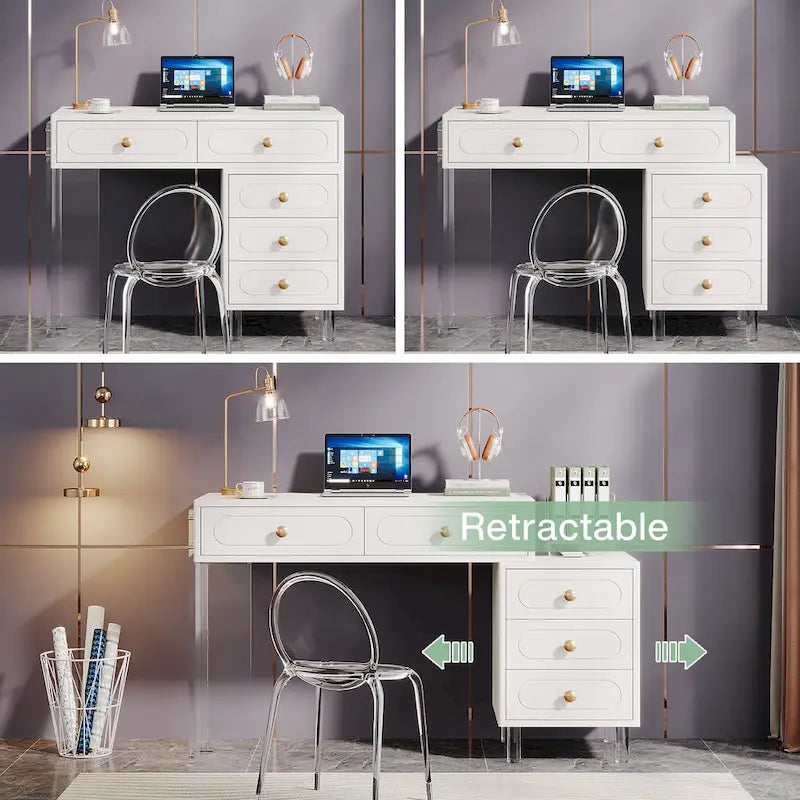 Bureau d'ordinateur à 5 tiroirs avec pieds en acrylique – Blanc, style moderne, simple