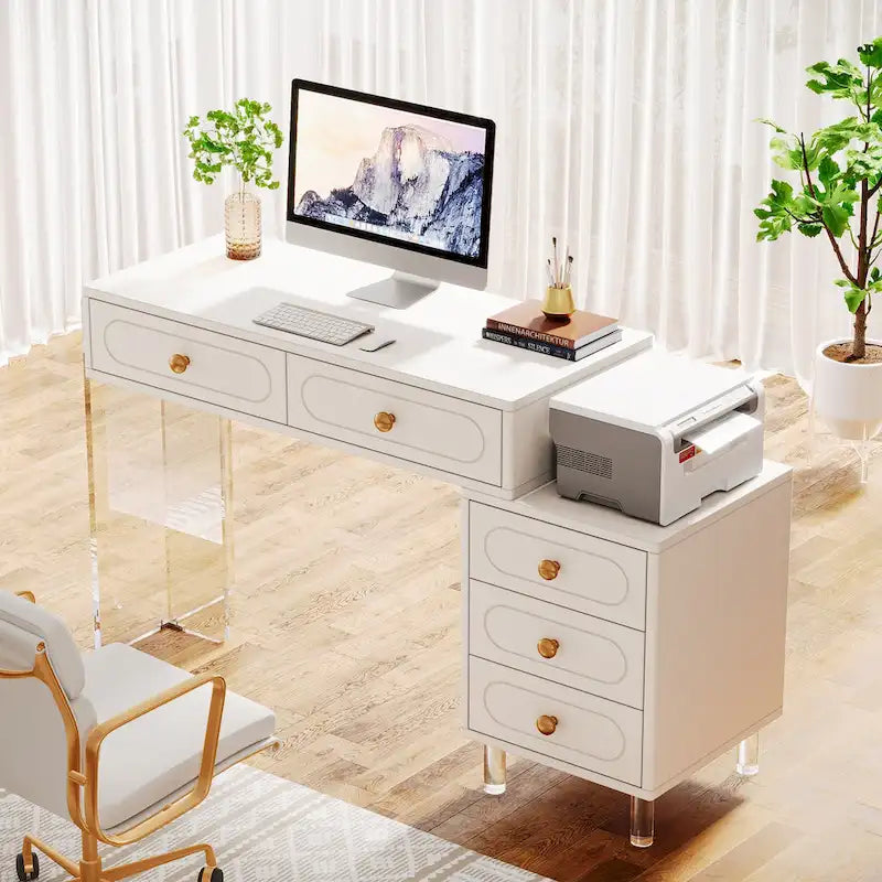 Bureau d'ordinateur à 5 tiroirs avec pieds en acrylique – Blanc, style moderne, simple