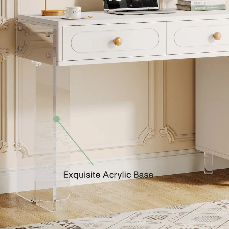 Bureau d'ordinateur à 5 tiroirs avec pieds en acrylique – Blanc, style moderne, simple