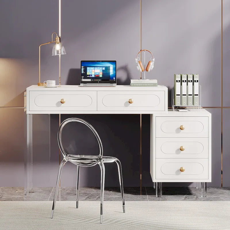 Bureau d'ordinateur à 5 tiroirs avec pieds en acrylique – Blanc, style moderne, simple