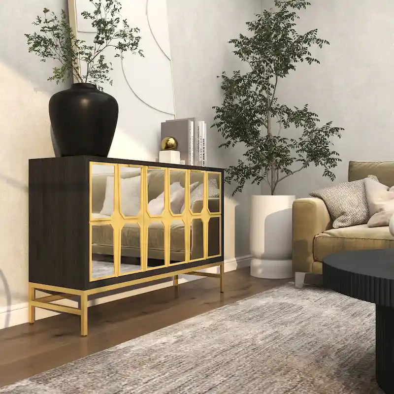 Armoire de rangement à façade miroir – Noir/Doré, style glamour, simple