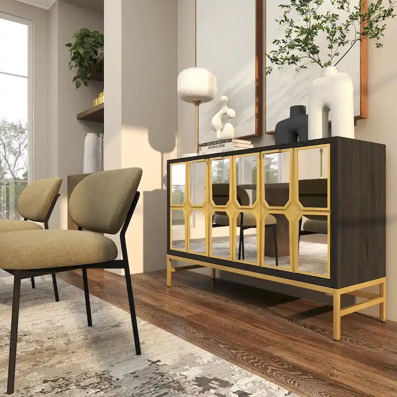 Armoire de rangement à façade miroir – Noir/Doré, style glamour, simple