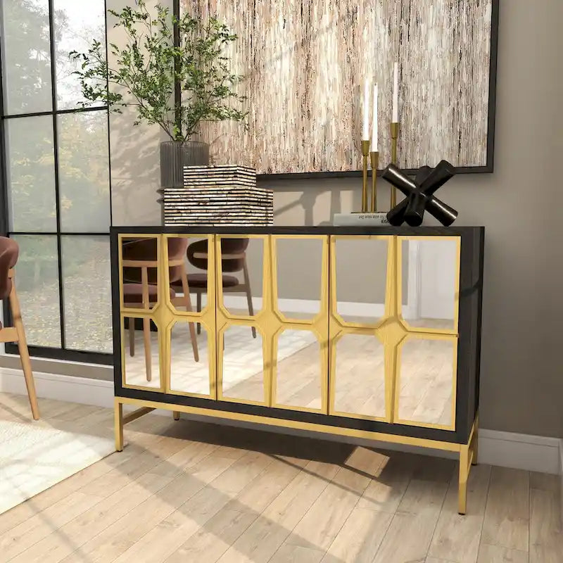 Armoire de rangement à façade miroir – Noir/Doré, style glamour, simple