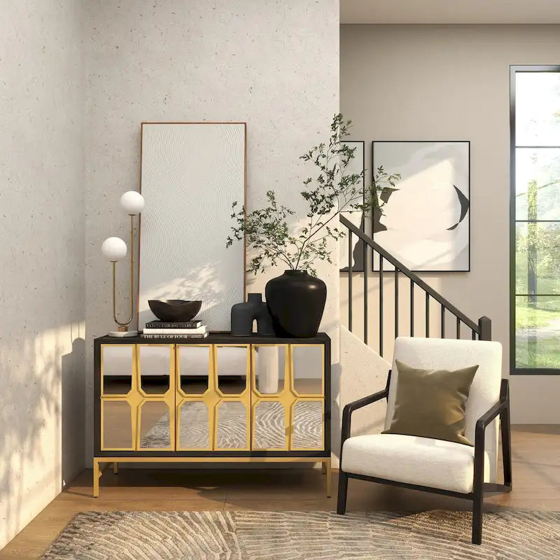 Armoire de rangement à façade miroir – Noir/Doré, style glamour, simple